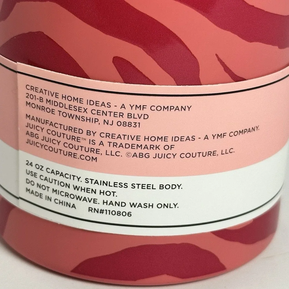 Juicy Couture Pink Zebra Print Stainless Steel Tumbler 24oz Heart Straw Cup